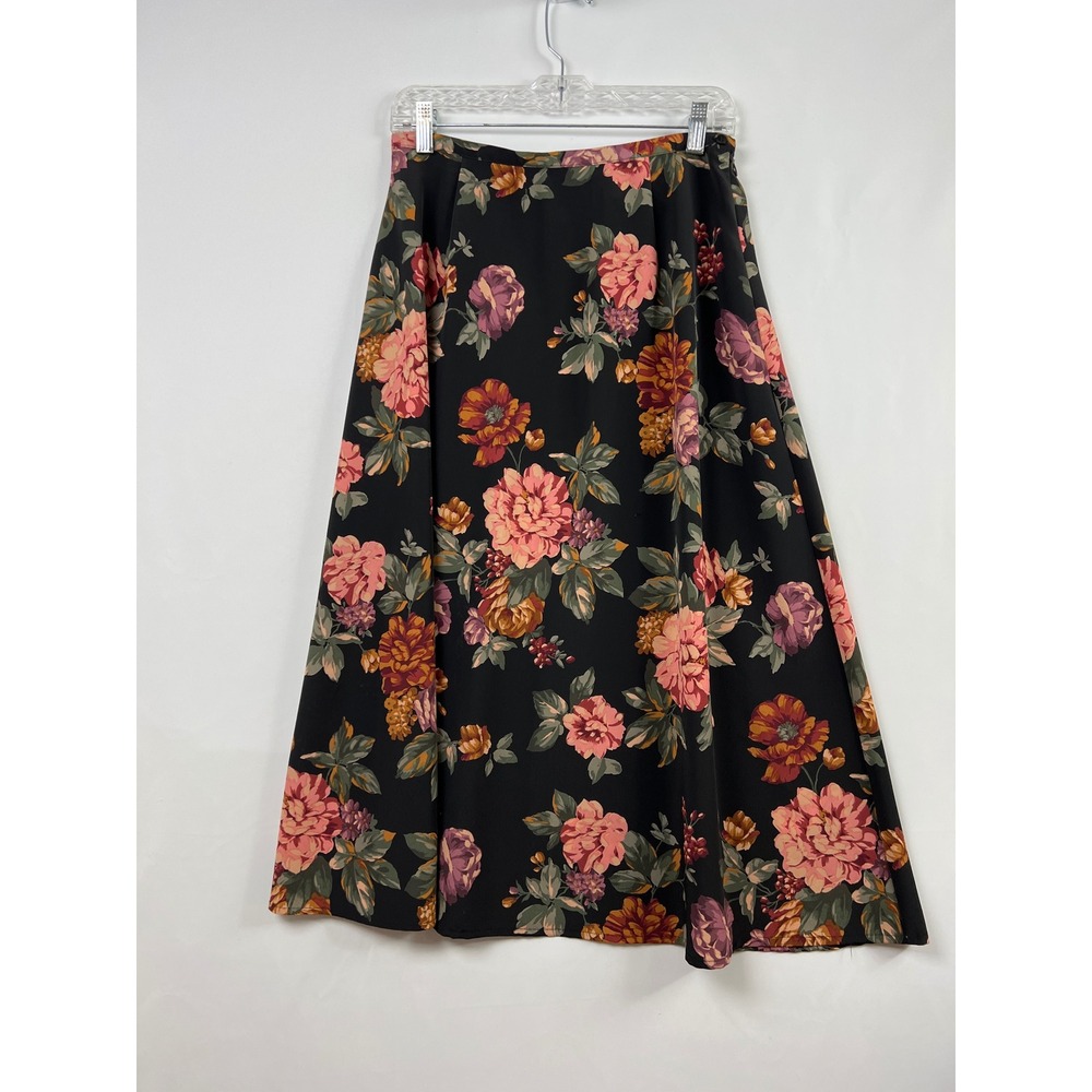 Portraits Northern Isles Skirt Vintage Womens 12P Black Floral Midi Side Zip USA